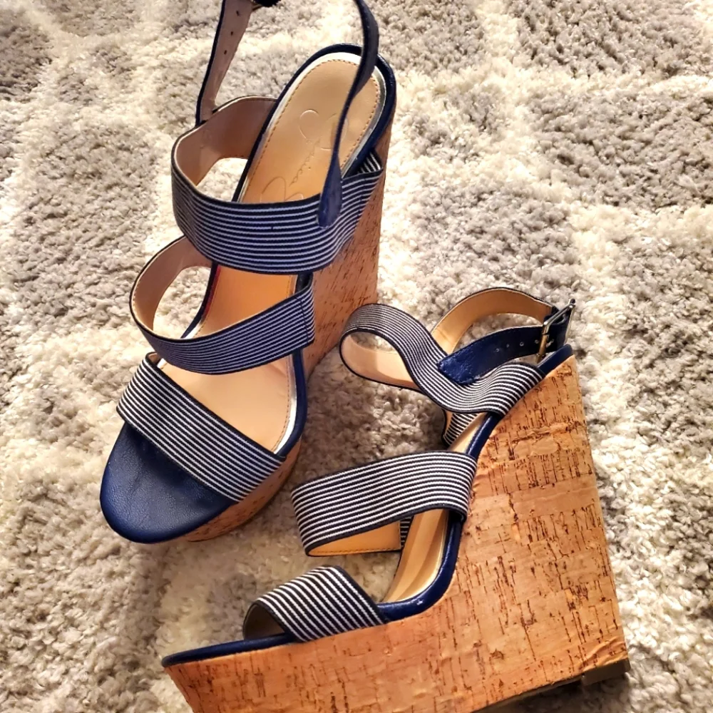 Navy Blue Striped Wedge Sandals